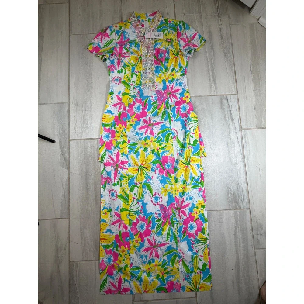 Lilly Pulitzer Floral Beaded Maxi Dress Pink Yellow Blue Short Sleeve Size 6